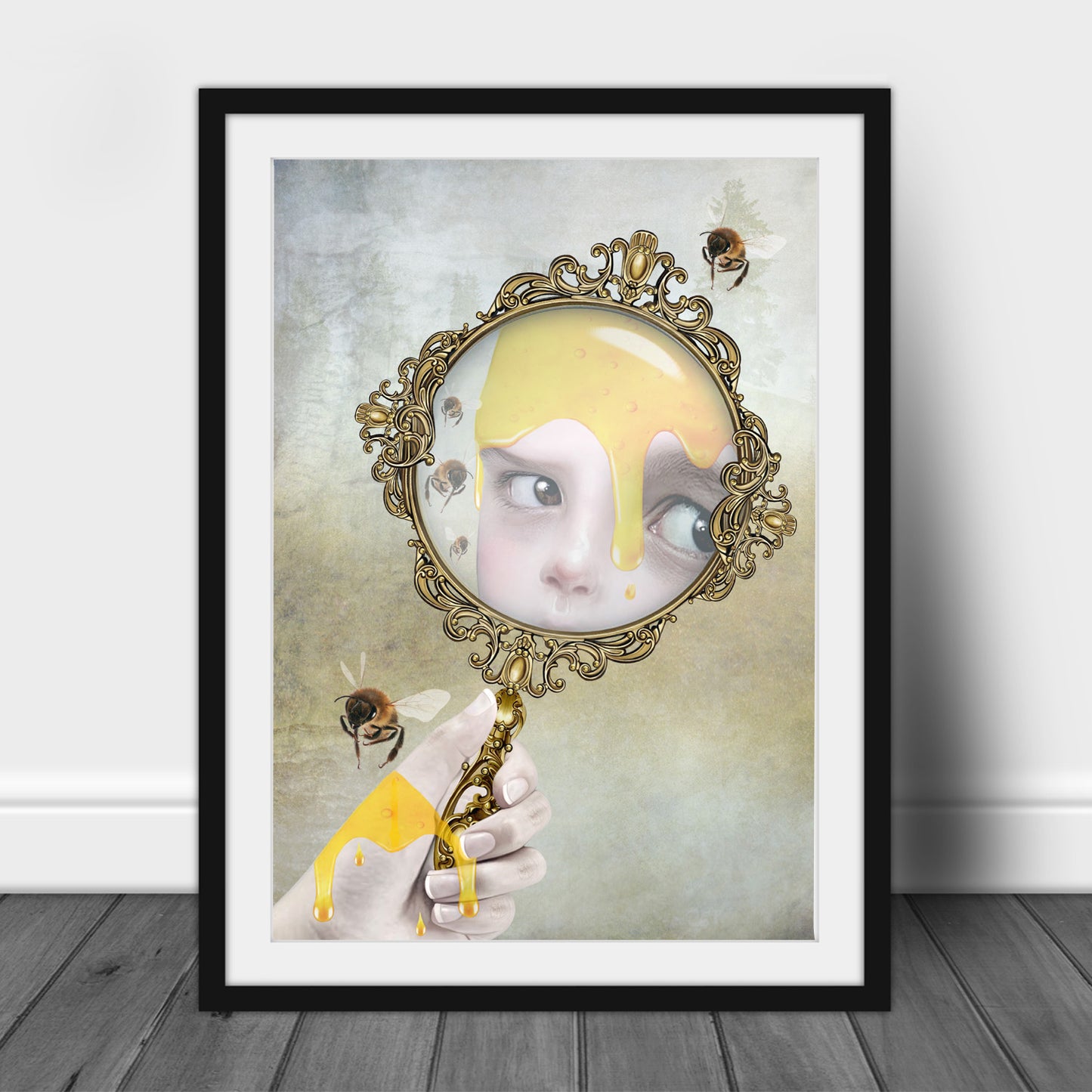 Surreal Honey Bee Art Print in a back frame for display.