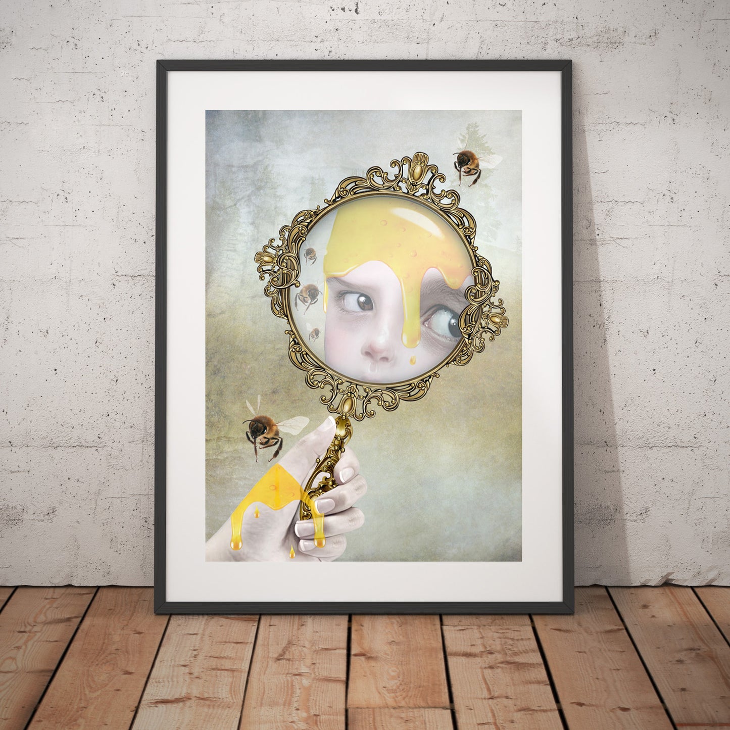 Surreal Honey Bee Art Print leaning against a  wall.