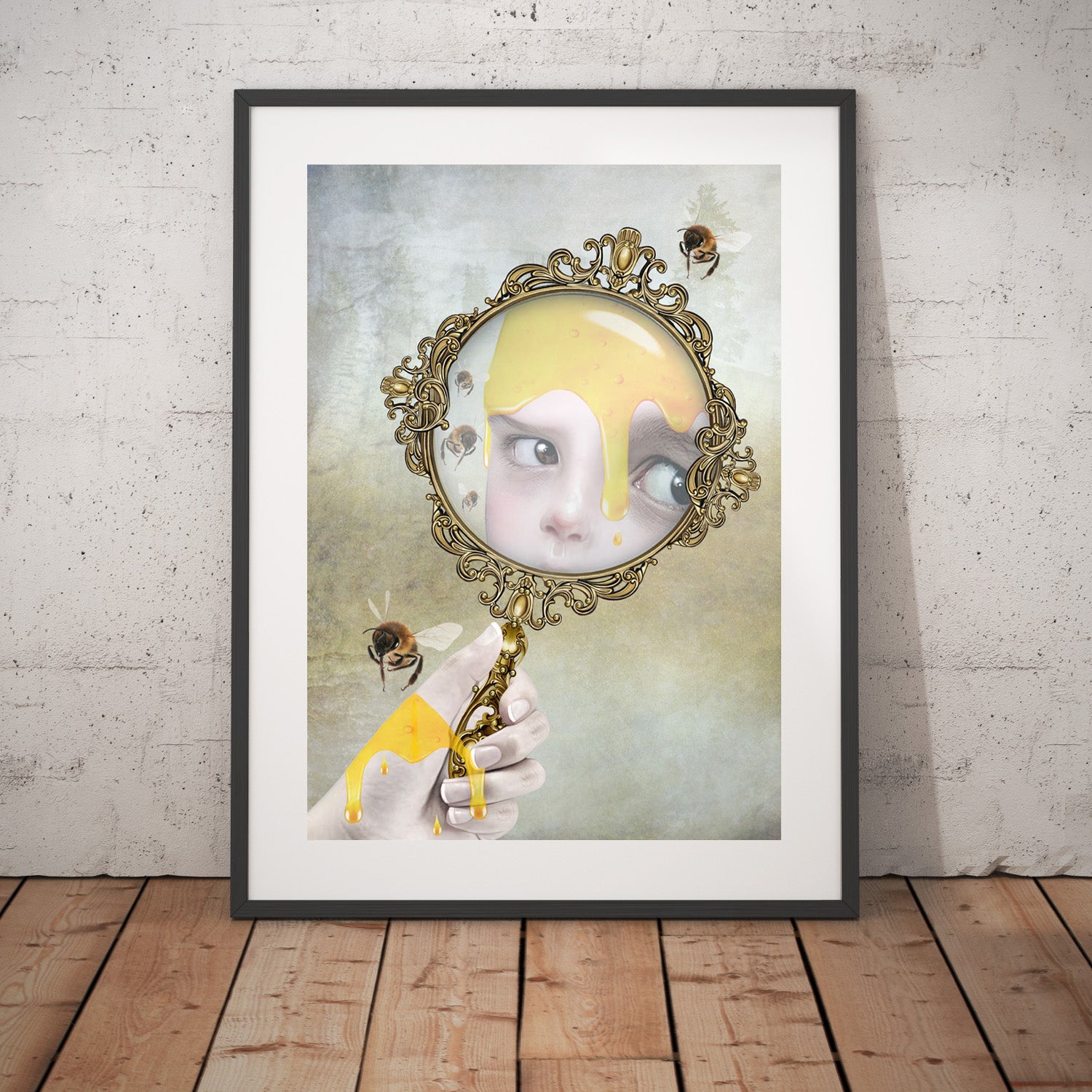 Surreal Honey Bee Art Print leaning against a  wall.