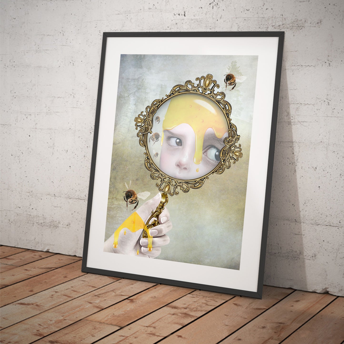 Framed Surreal Honey Bee Art Print tilted for display.