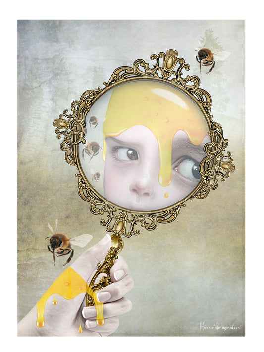 surreal Honey Bee Art Print captures the serene and sweet moments of a beekeeper's world. The hand mirror reflects a face covered in golden honey, while the busy bees dance around in the background.