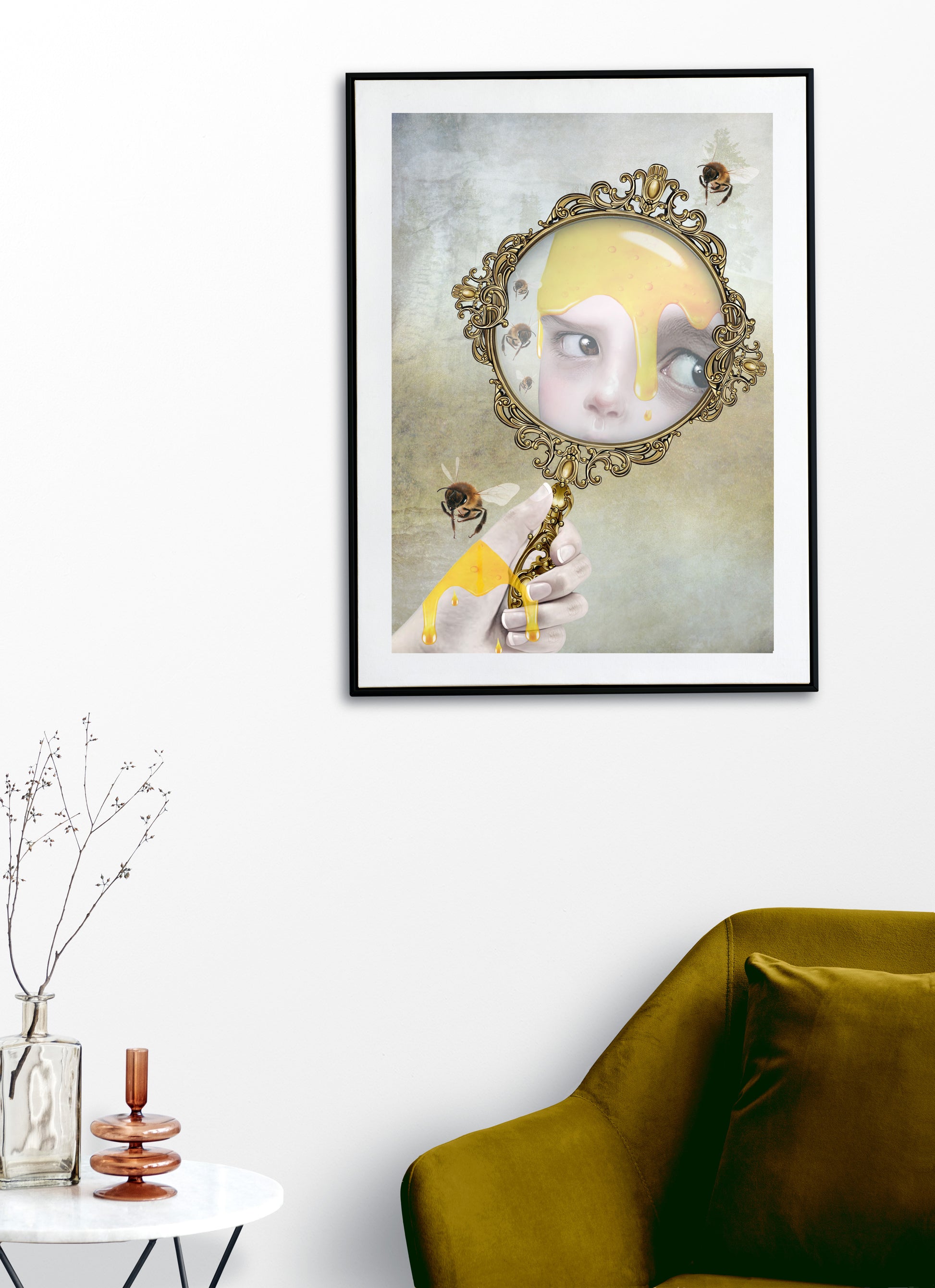 Framed Surreal Honey Bee Art Print on a living room wall.
