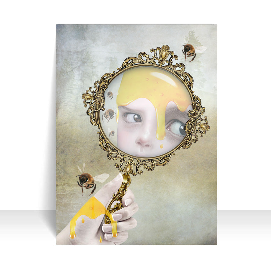 Miniature art  features a girl's reflection honey-covered in a hand mirror, surrounded by dancing honey bees