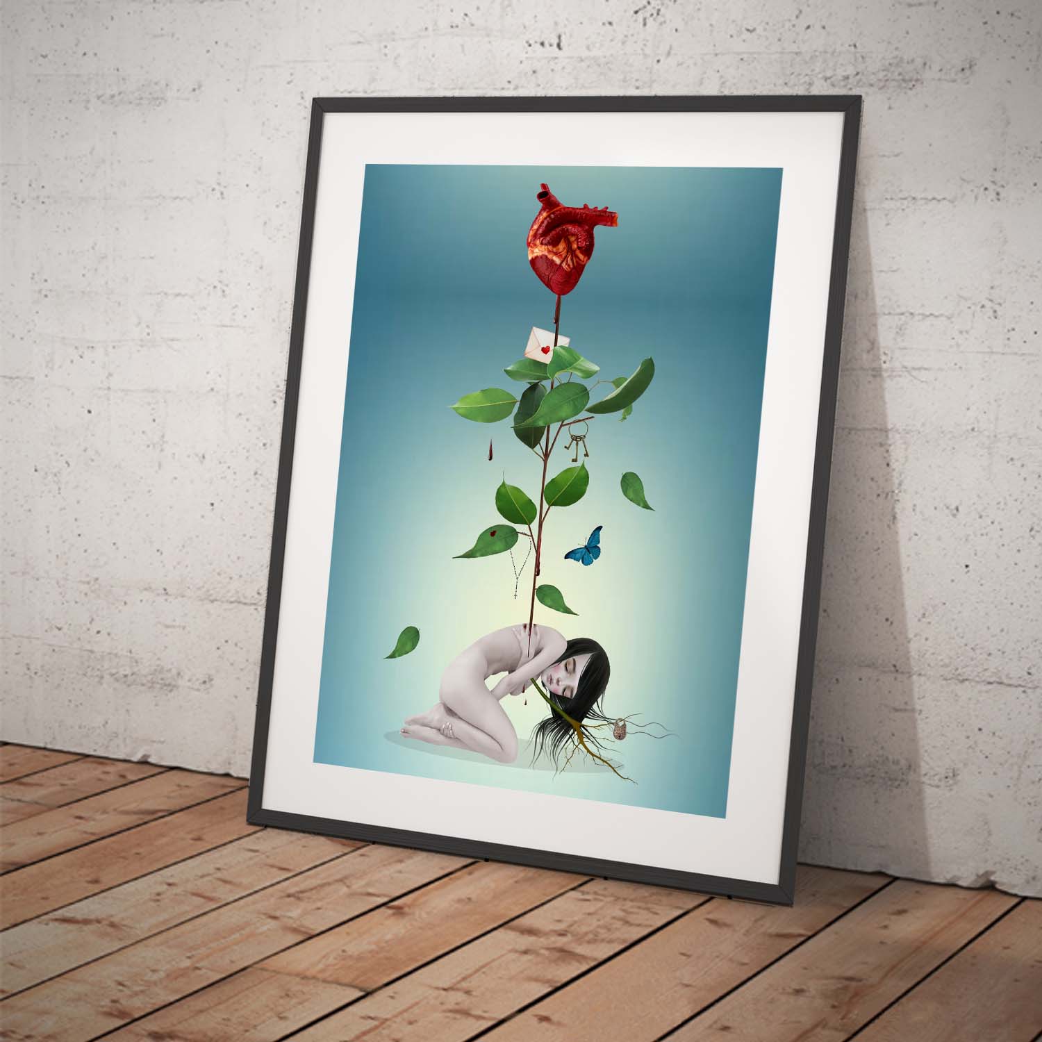 Anatomical heart art print framed for display. A sad girl, from her spine emerges a stem, bearing not a blooming flower, but a human heart.