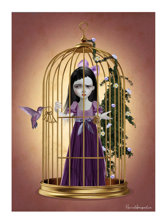Girl trapped in a brass-gilded cage, an hummingbird brings the promise of liberation, providing a glimmer of hope with the key.