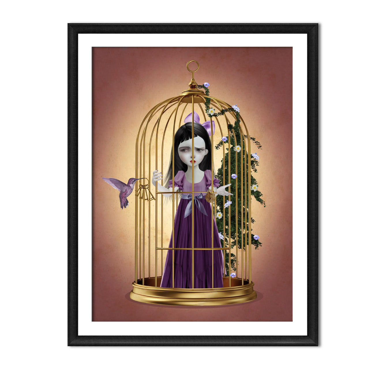 Framed surreal Art Print, girl trapped in a brass-gilded cage, an hummingbird brings the promise of liberation, providing a glimmer of hope with the key.