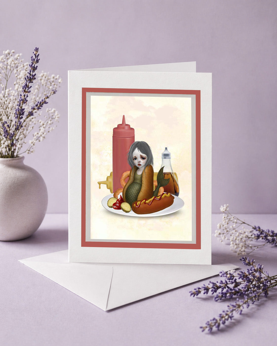Art greeting card with a quirky illustration of a mermaid inside a hotdog bun, on a diners plate beside ketchup, and mustard.