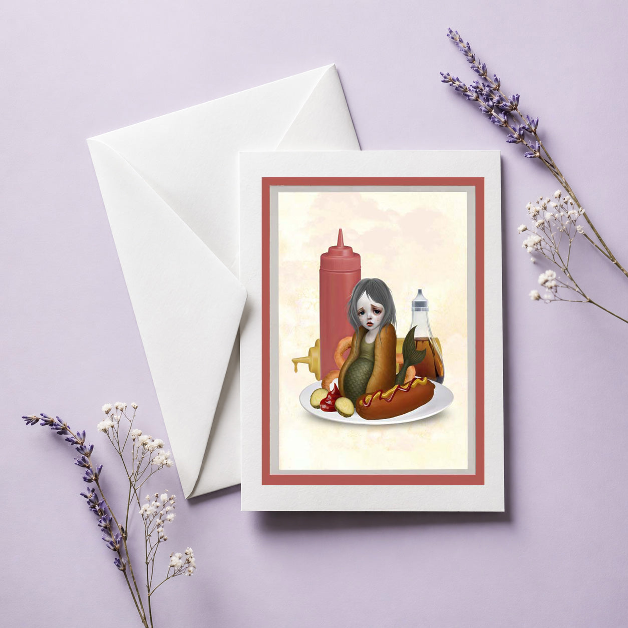 Art greeting card with a stylized illustration of a hot dog mermaid and condiments on a plate, with an envelope and decorative elements on a light purple background.
