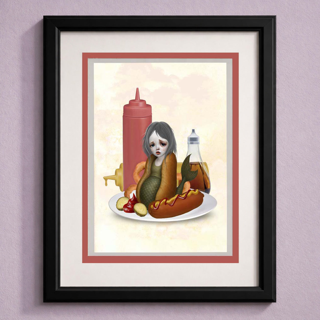 Framed art greeting card of a mermaid inside a hot dog and condiments on a diners plate against a light purple background.