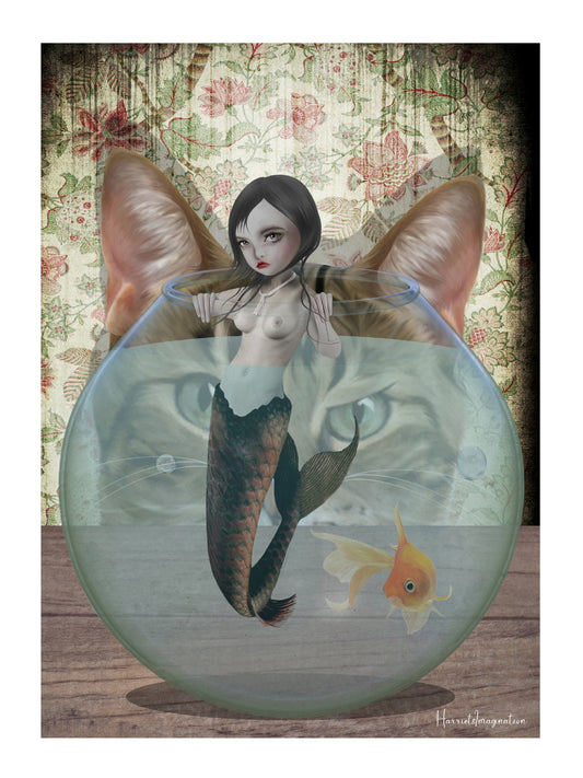 Surreal Art print features a mermaid in a goldfish bowl being watched by a sly cat,