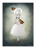 Surreal moth girl art print. Featuring her unique light bulb head that gathers delicate moths.