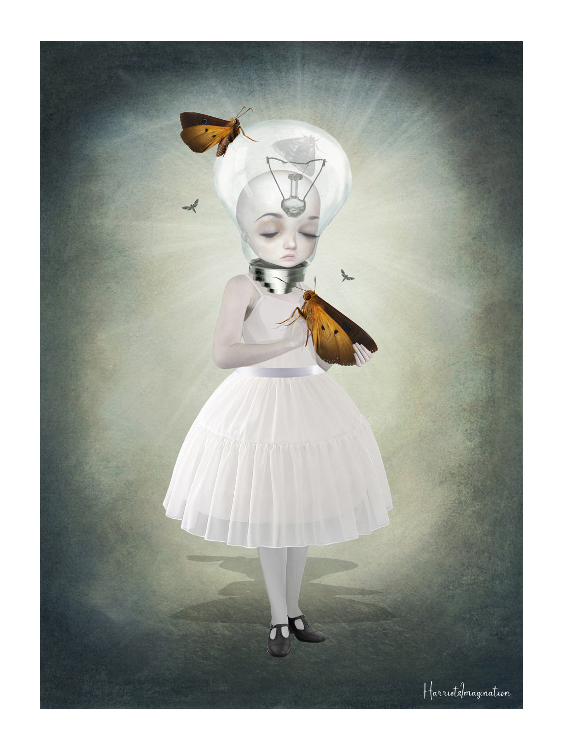 Surreal moth girl art print. Featuring her unique light bulb head that gathers delicate moths.