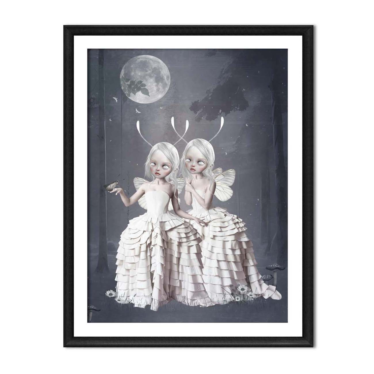 Surrealism art print, image is two Moth girls in an enchanted forest, with a moth gently landing on one moth girl's hand.