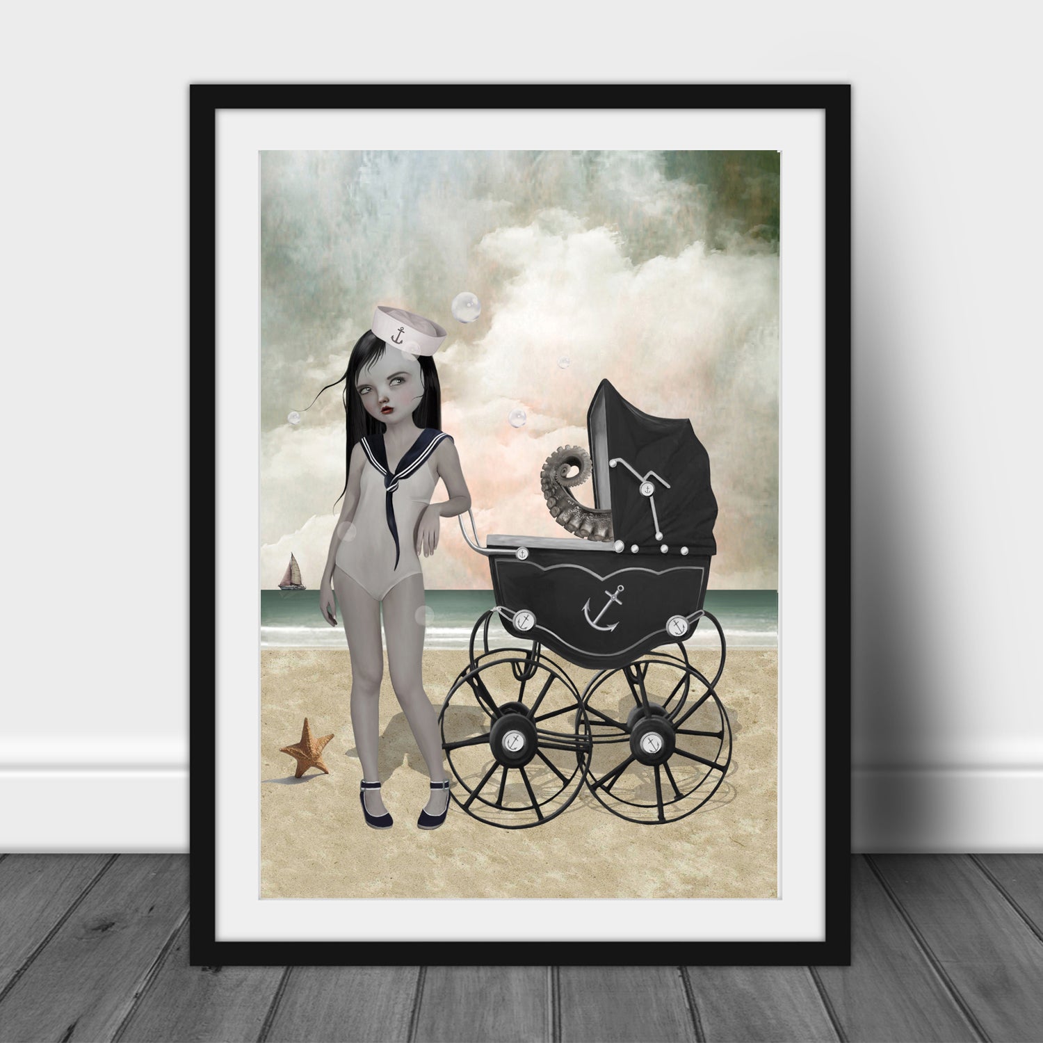Surreal nautical art print of a sailor girl and tentacles, in a frame, leaned against a wall.