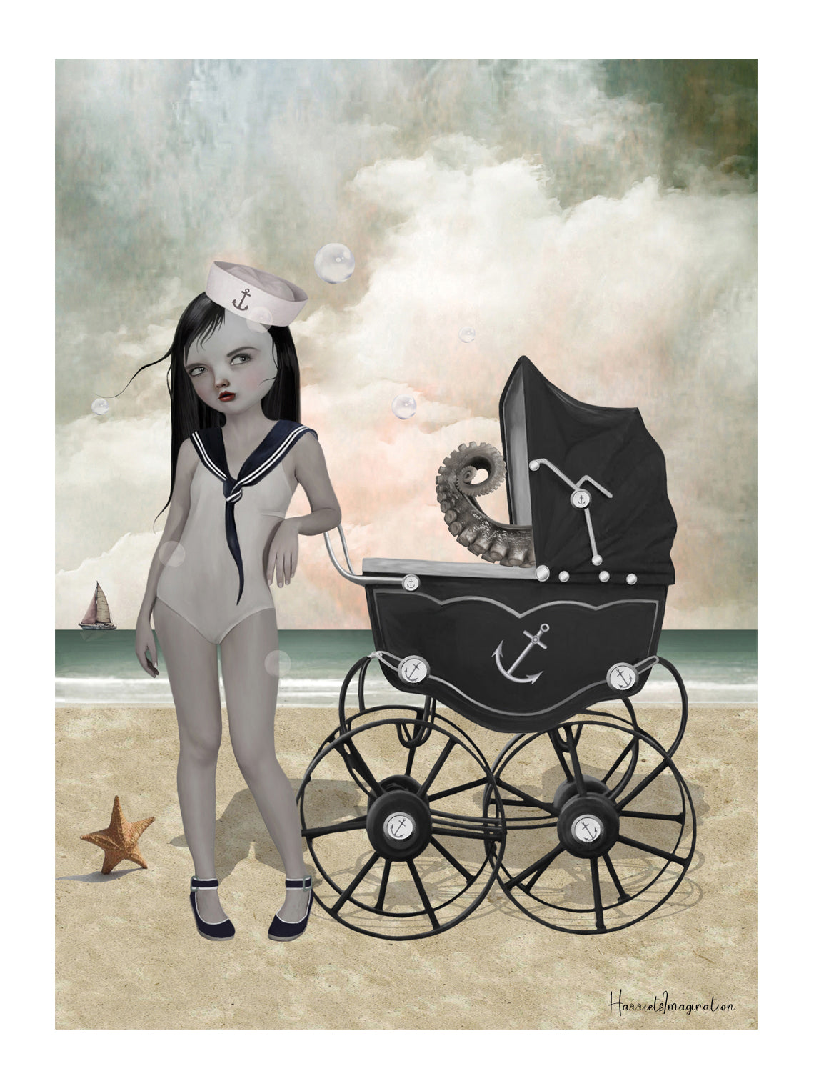 Surreal nautical art print in a sleek frame, set against a white background.