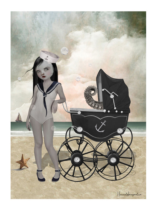 Surreal nautical art print in a sleek frame, set against a white background.