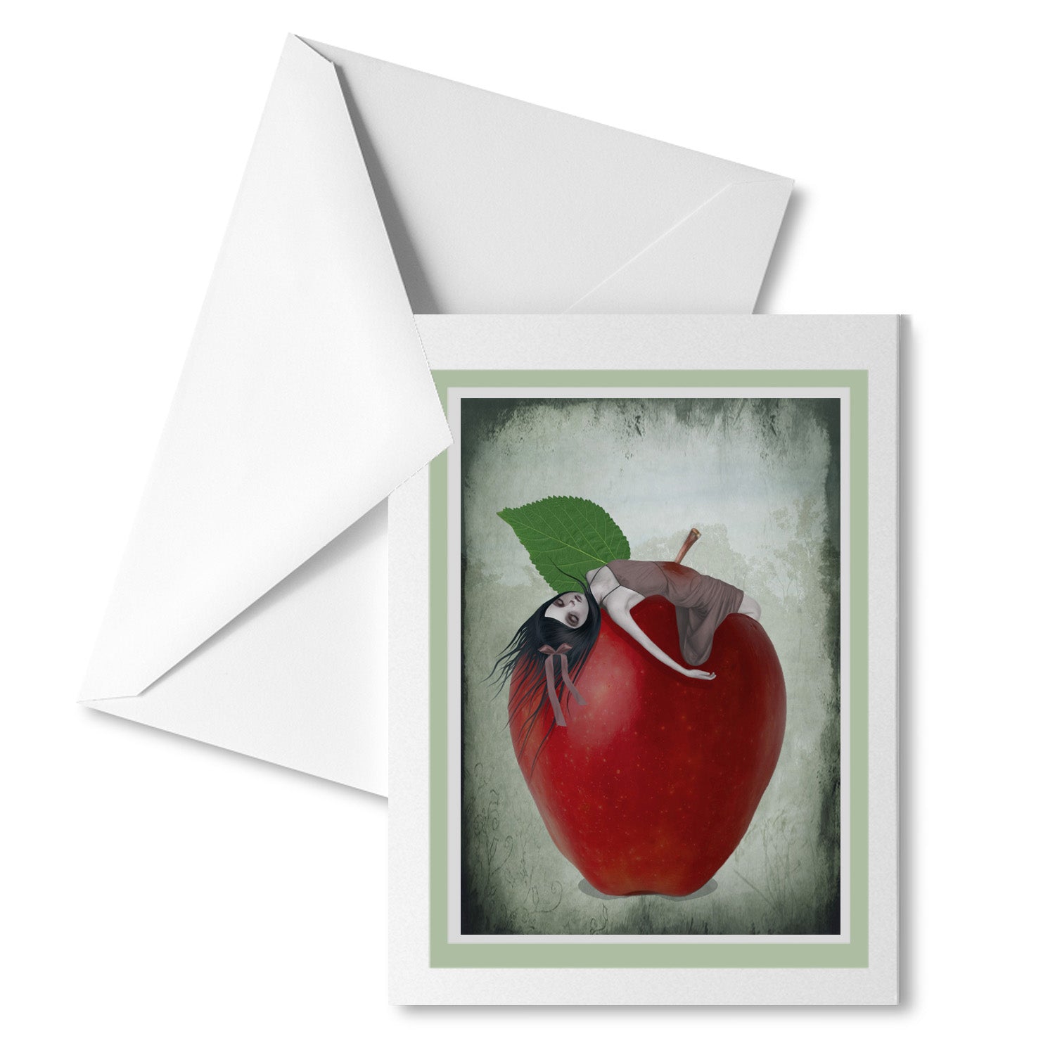 Surreal Red Apple Art Greeting Card. Featuring a girl impaled on the stalk of a vibrant red apple.