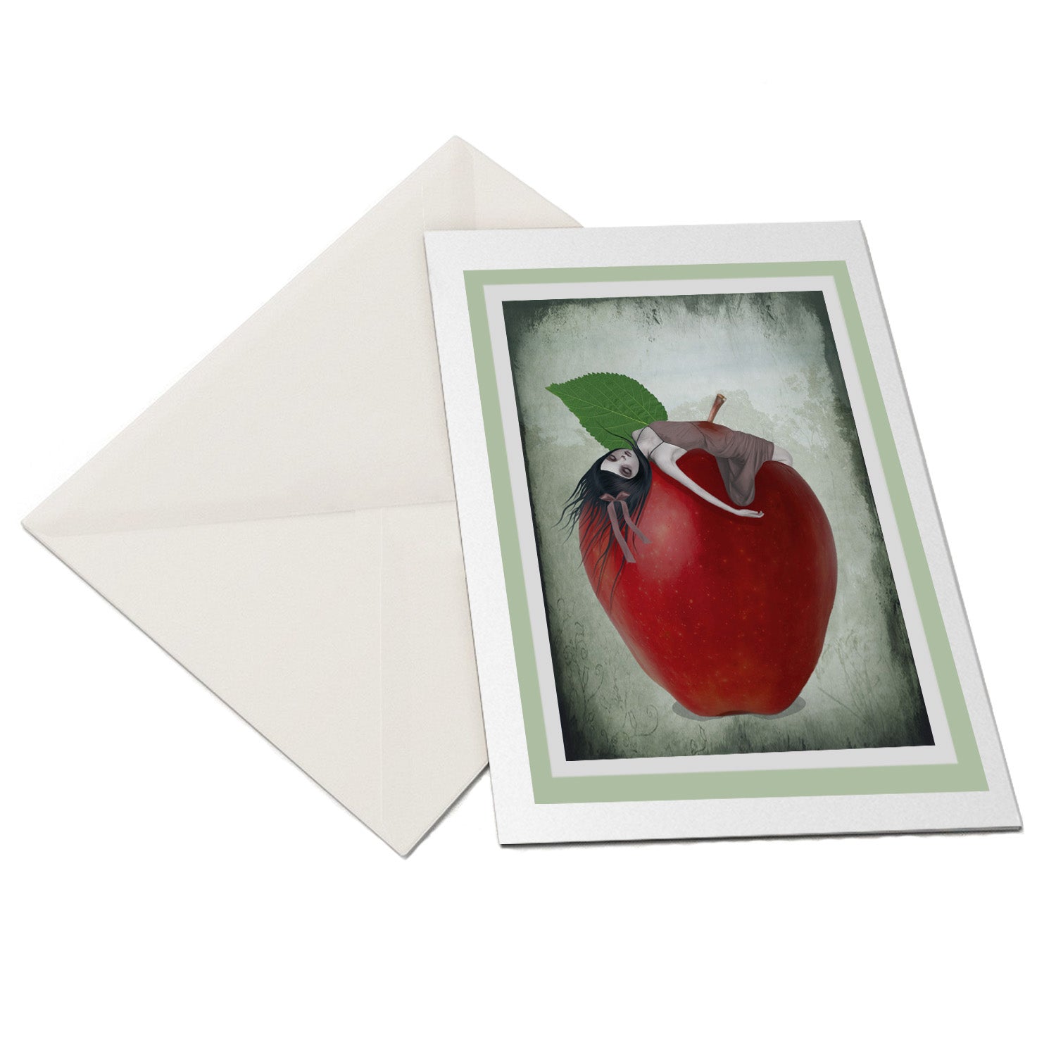 Macabre Fantasy Art Greeting Card. Featuring a girl impaled on the stalk of a vibrant red apple.