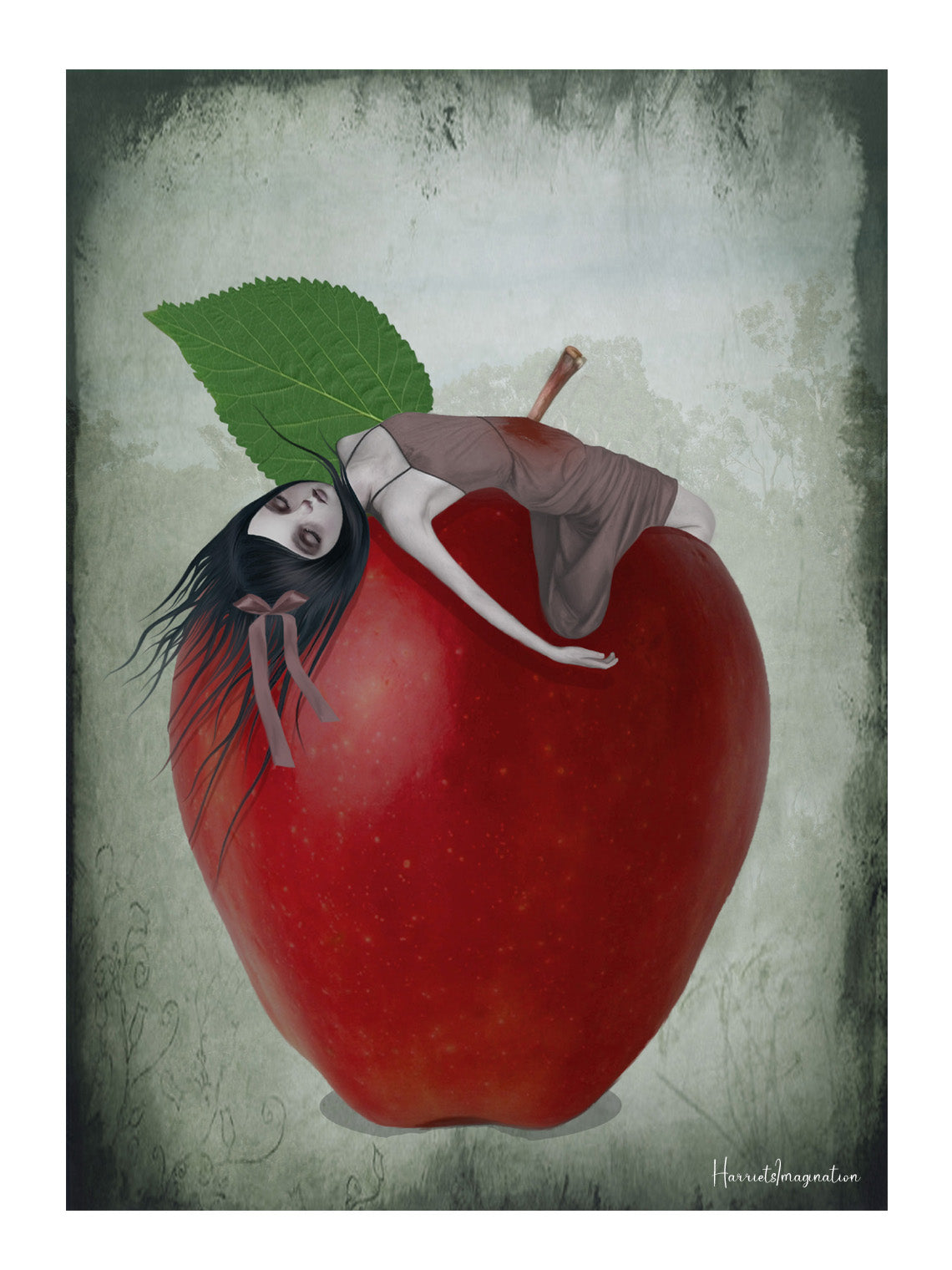 Surreal wall art. Girl Impaled on the stalk of a blood red apple.