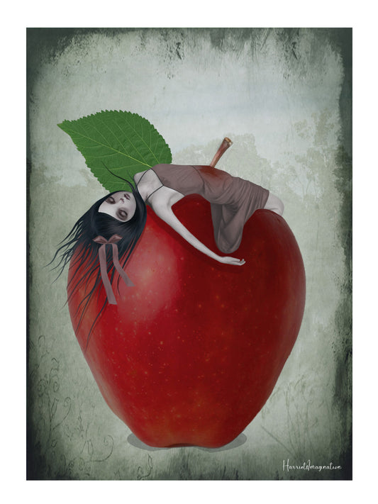 Surreal wall art. Girl Impaled on the stalk of a blood red apple.