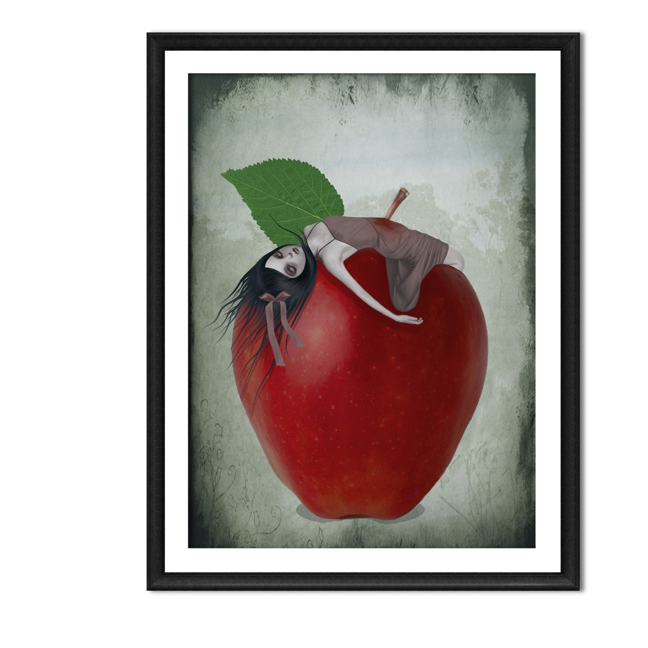 Framed Surreal red apple art print in a black frame on white background.