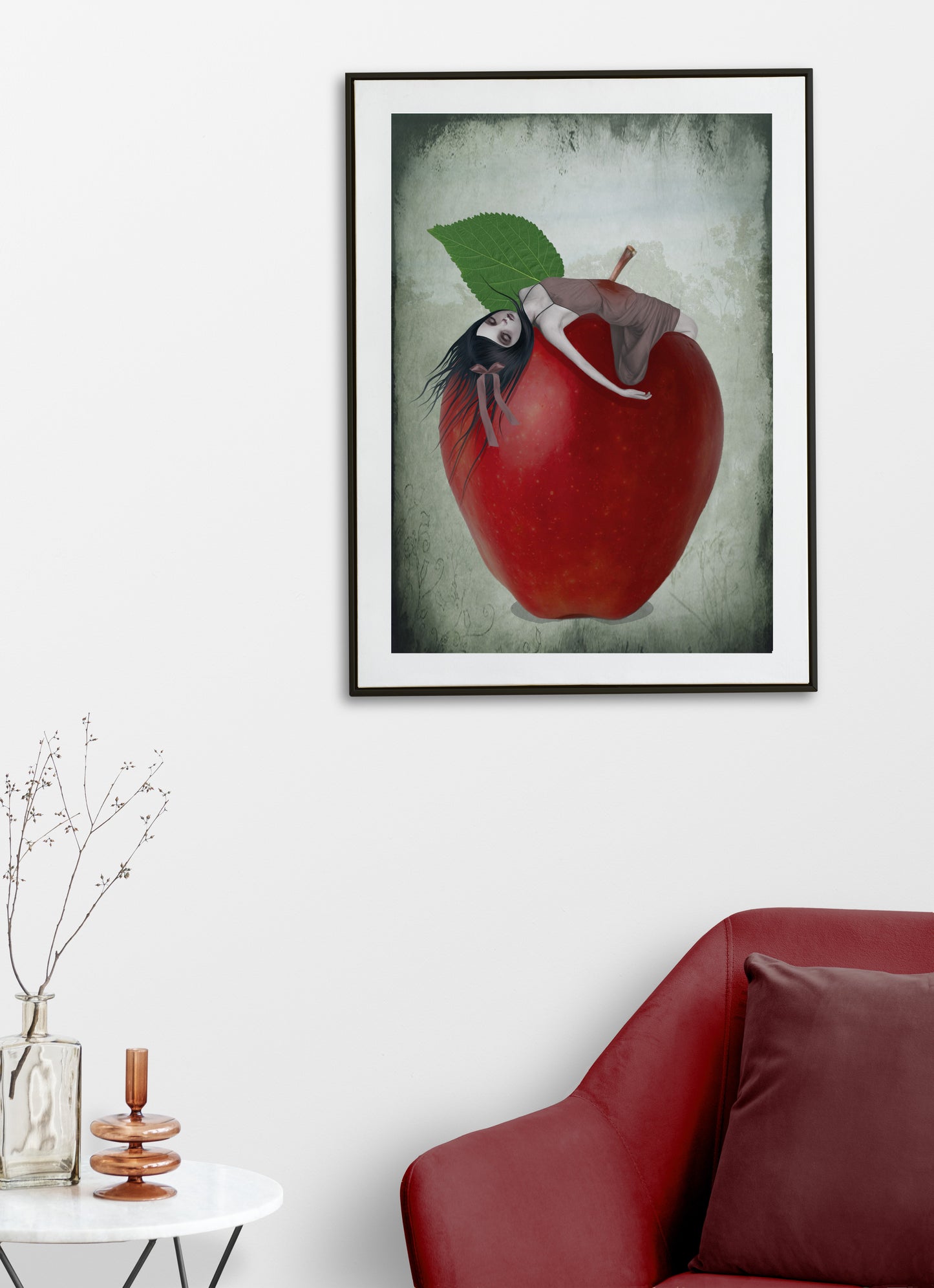 Surreal Red Apple Art Print hanging on a living room wall.