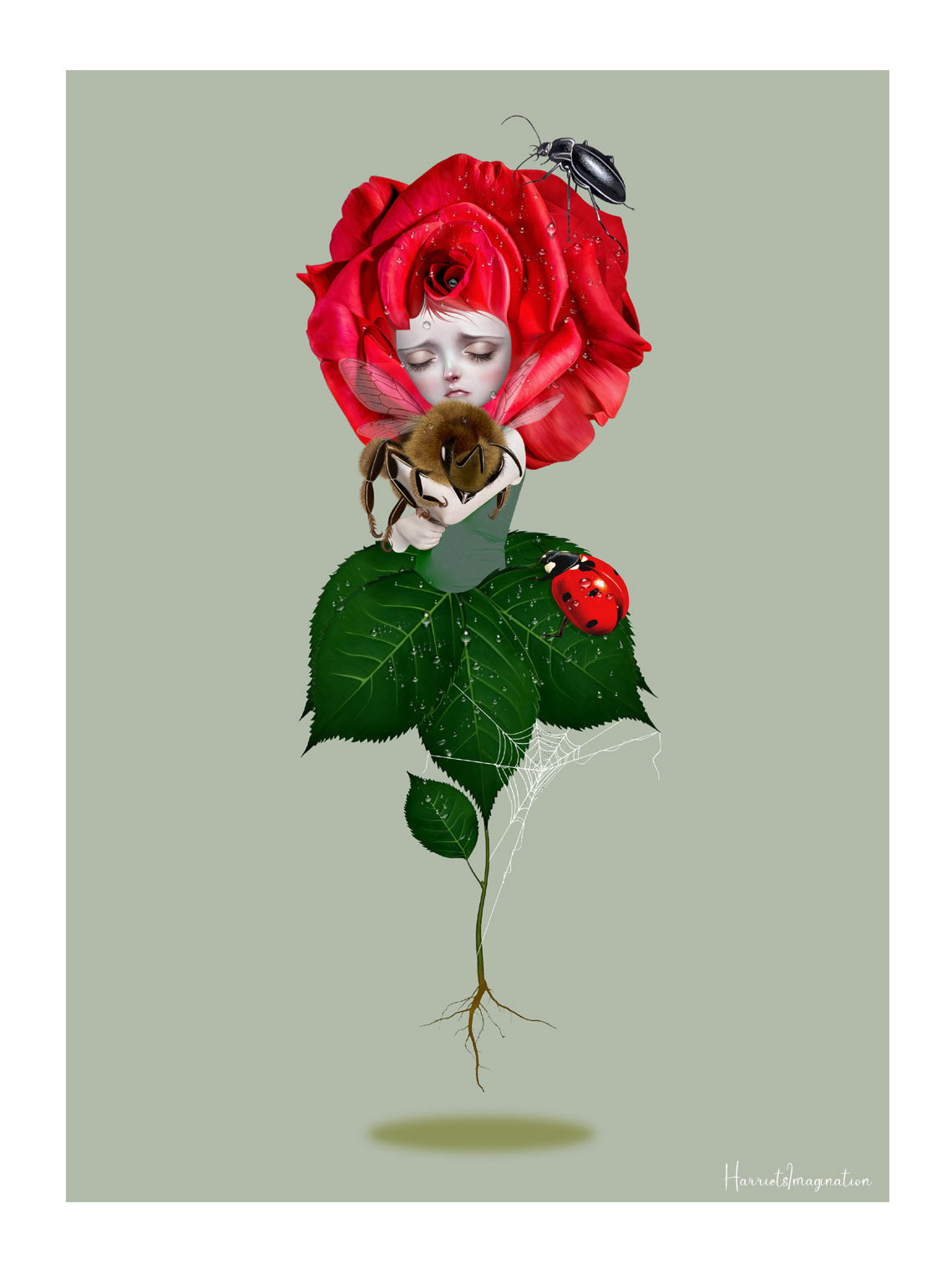  A bee emerges from the heart of a vibrant red rose, surrounded by enchanting garden companions including a bee, ladybird, beetle, and intricate spider's web.