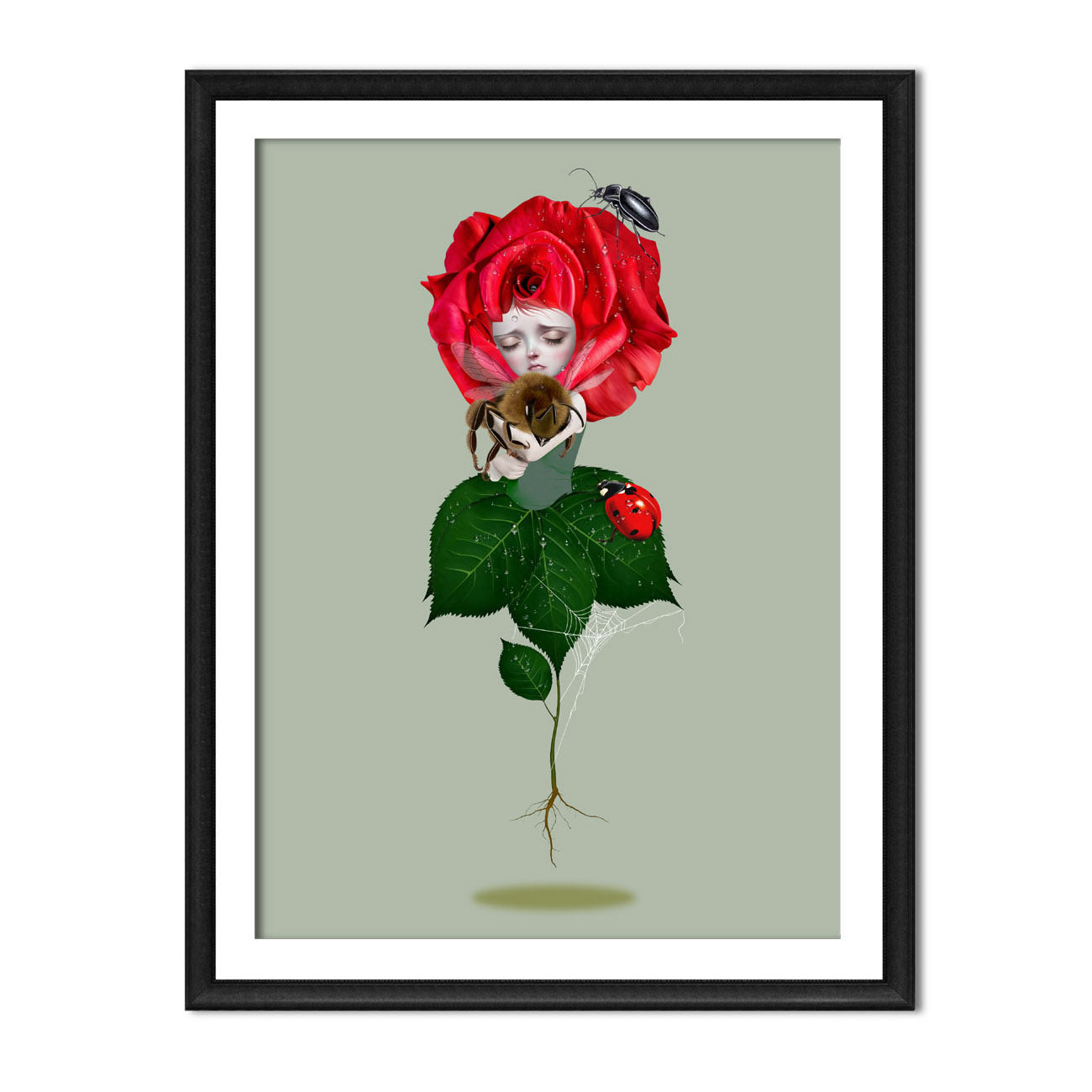 Framed art print illustration is a bee emerging from the heart of a vibrant red rose, surrounded by enchanting garden companions including a bee, ladybird, beetle, and intricate spider's web.