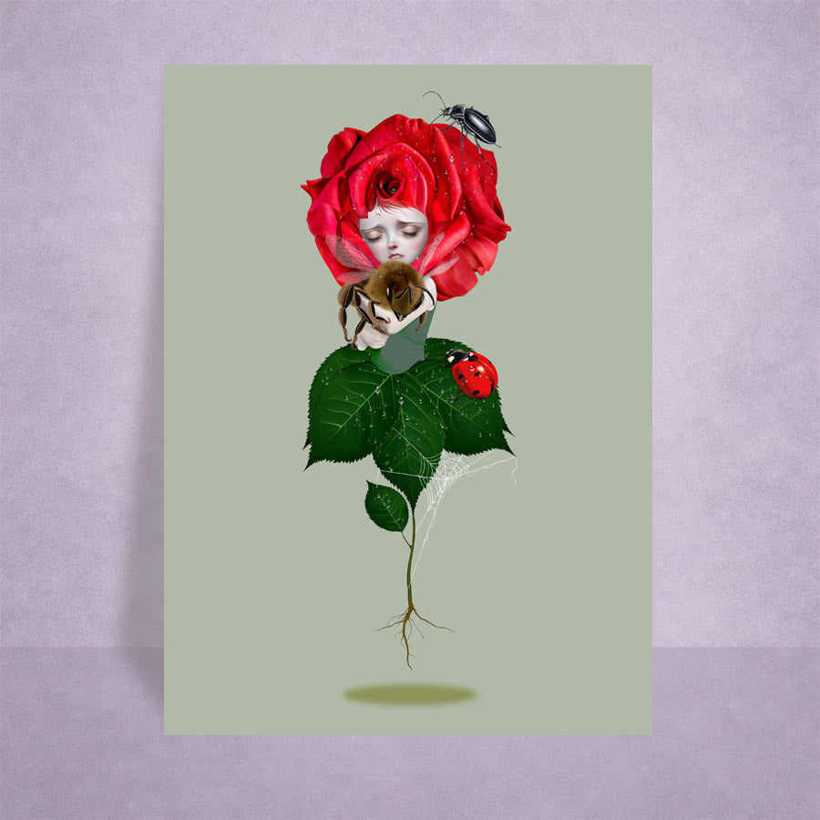 A collectible surreal rose ACEO art card on a lilac background for display, Intricately illustrated with insects, this pocket-sized miniature print is perfect for fine art collectors.