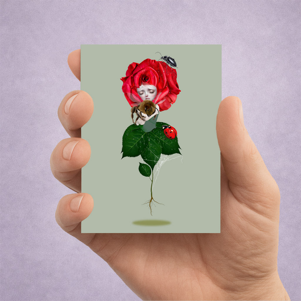 A collectible surreal rose ACEO art card. Intricately illustrated with insects, this pocket-sized miniature print is perfect for fine art collectors.