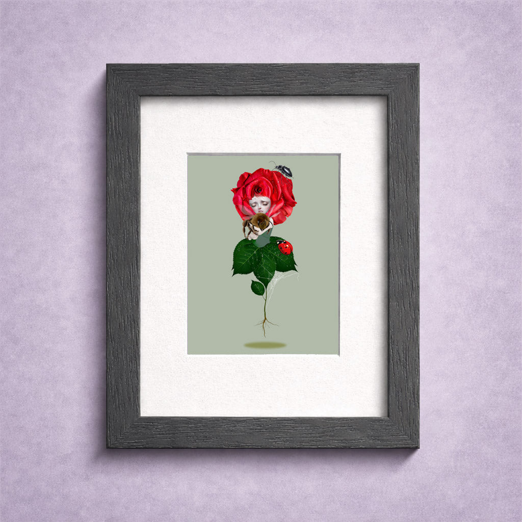 A framed collectible surreal rose ACEO art card. Intricately illustrated with insects, this pocket-sized miniature print is perfect for fine art collectors.