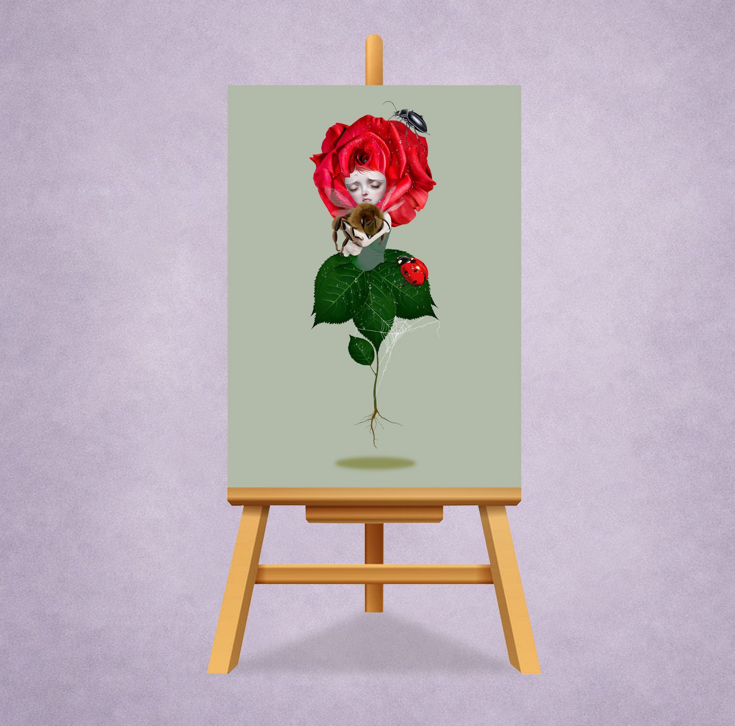 A collectible surreal rose ACEO art card on a miniature display stand. Intricately illustrated with insects, this pocket-sized miniature print is perfect for fine art collectors.