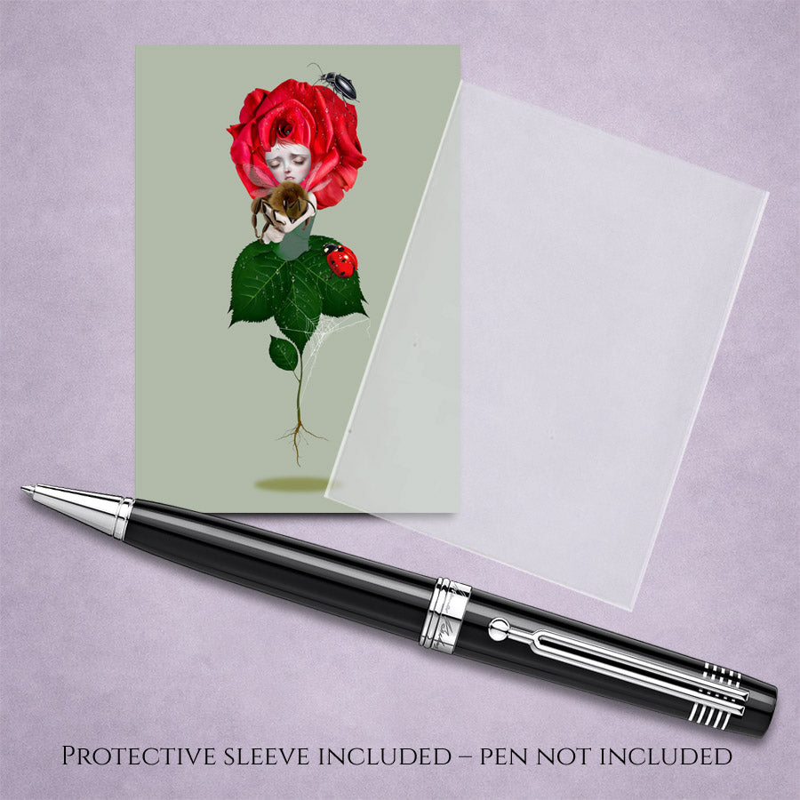 A collectible surreal rose ACEO art card with protective sleeve. Intricately illustrated with insects, this pocket-sized miniature print is perfect for fine art collectors.