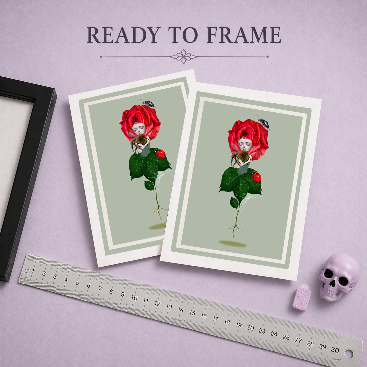 Ready to frame surreal rose art greeting card, blank inside for your message. Beautifully illustrated with intricate insects, it doubles as a print ready to frame.