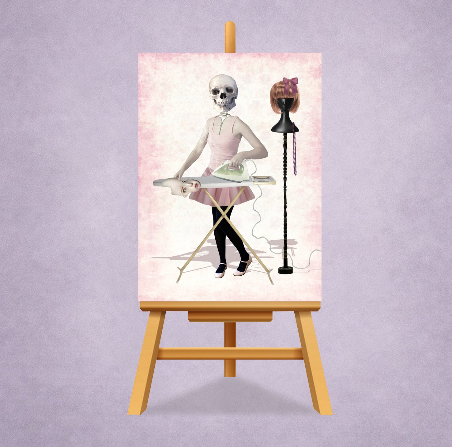 Surreal Skeleton ACEO Art Card displayed on a miniature easel display stand.