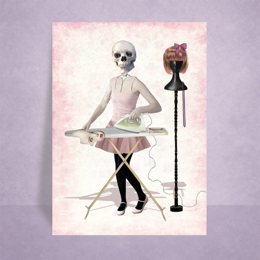 ACEO Card featuring Skeleton girl ironing her skin suit, with a pink background