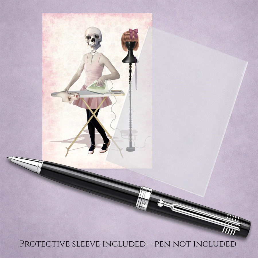 Surreal Skeleton ACEO Art Card with cello sleeve and pen for display.