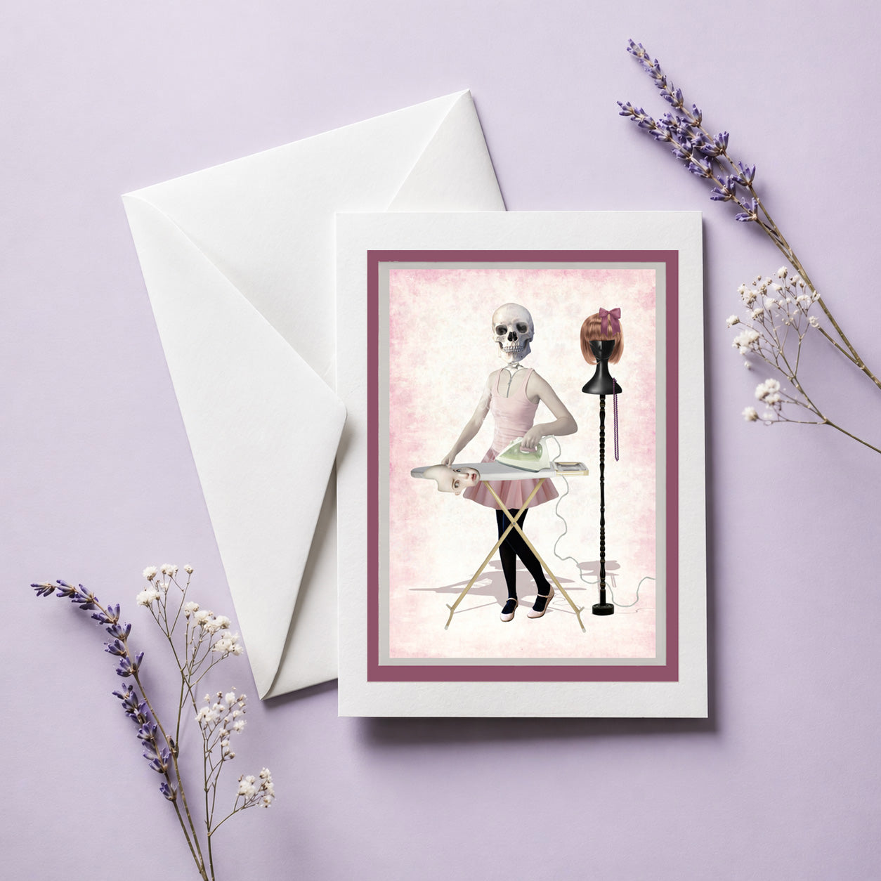 Greeting card with skeleton girl ironing her skin suit.