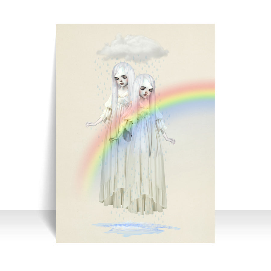 Close-up of twin girls beneath a rain cloud ACEO art card against a white background, highlighting its intricate whimsical details.