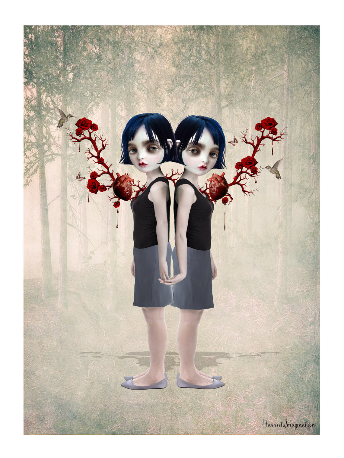 Surreal art print featuring twin sisters connected by anatomical hearts and roses with thorns.