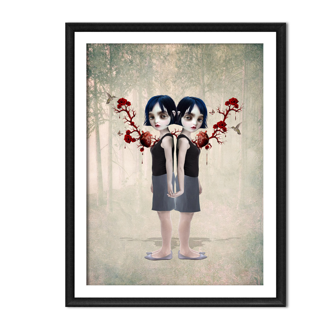 Framed illustration of twin girls bound by anatomical hearts and roses.