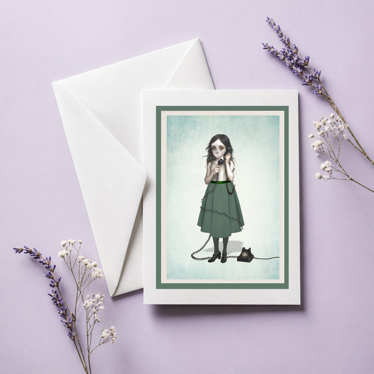 Greeting card with illustration of a girl with a vintage telephone in a green dress on a purple background