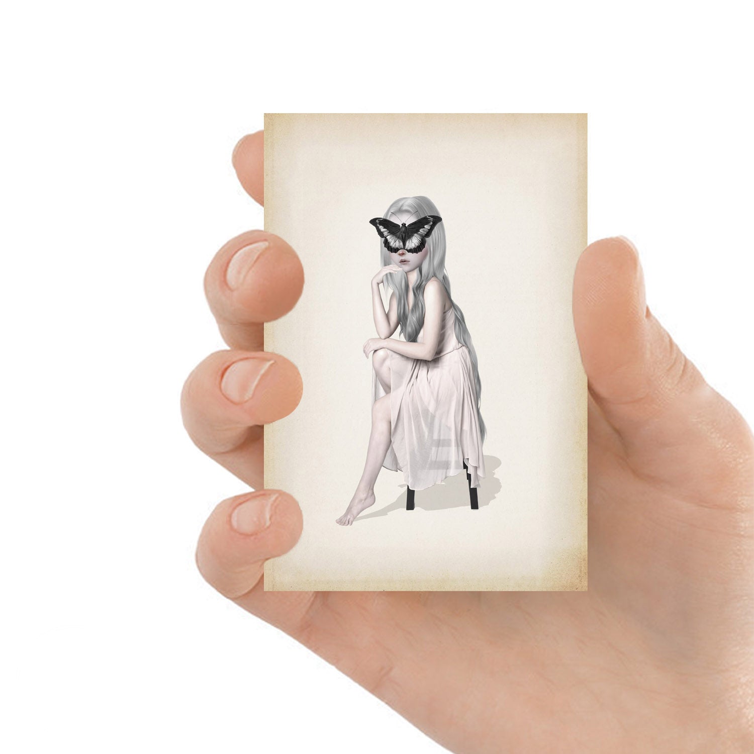  Surreal ACEO Artist Trading Card. Featuring a girl sitting with an oversized butterfly covering her face, 