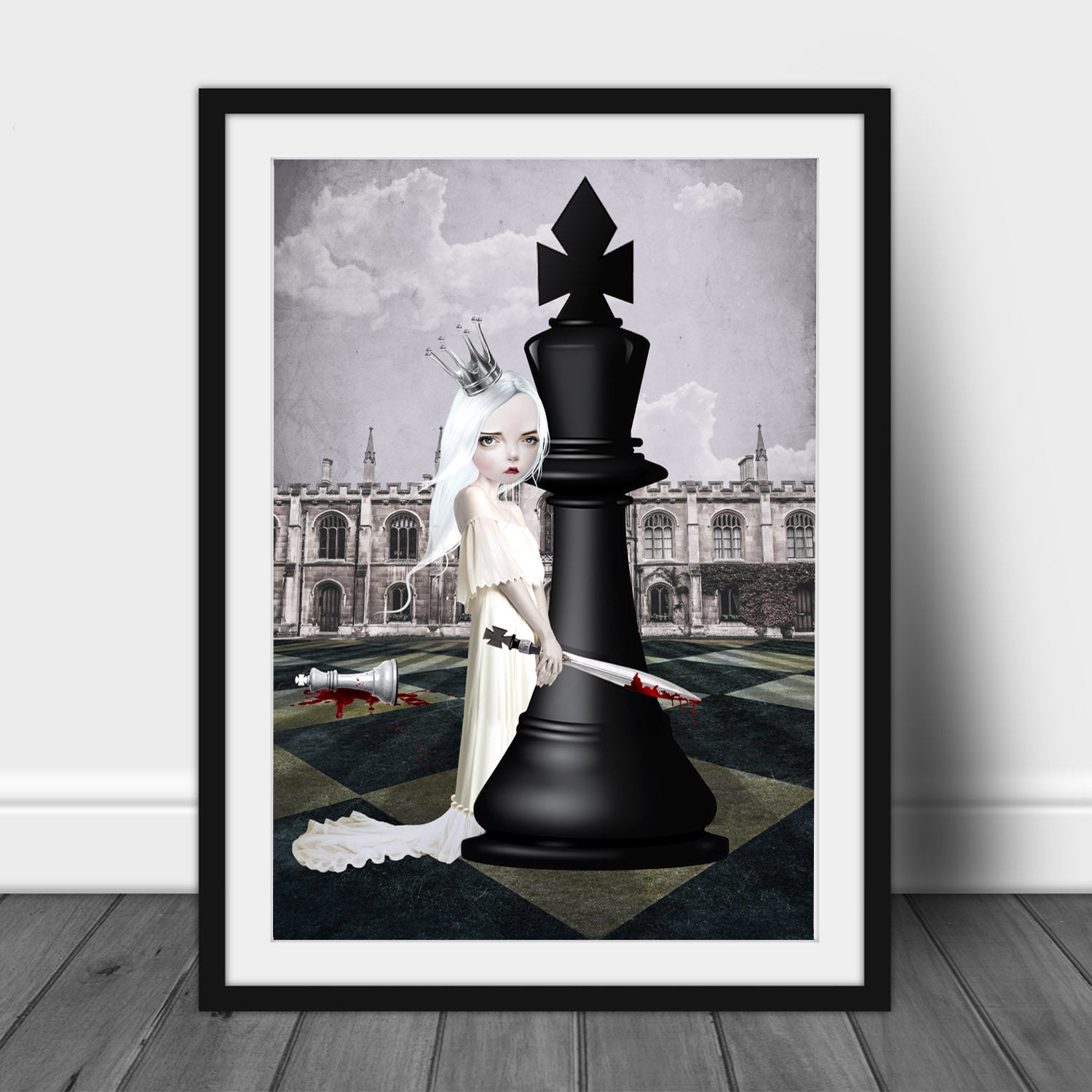 Surreal Art Print. A powerful white queen, wielding a sword, betrays her kingdom and shows her loyalty to the black king chess piece.
