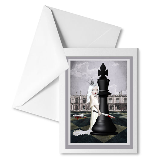 Surreal chess piece greeting card. It showcases the unexpected alliance between the white queen and black king as they take on the rest of the white pieces.