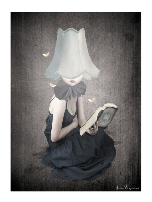 Surreal Fantasy Art Print. A young girl, guided by the light of her lampshade, loses herself in the pages of a book. Surrounded by fluttering moths,