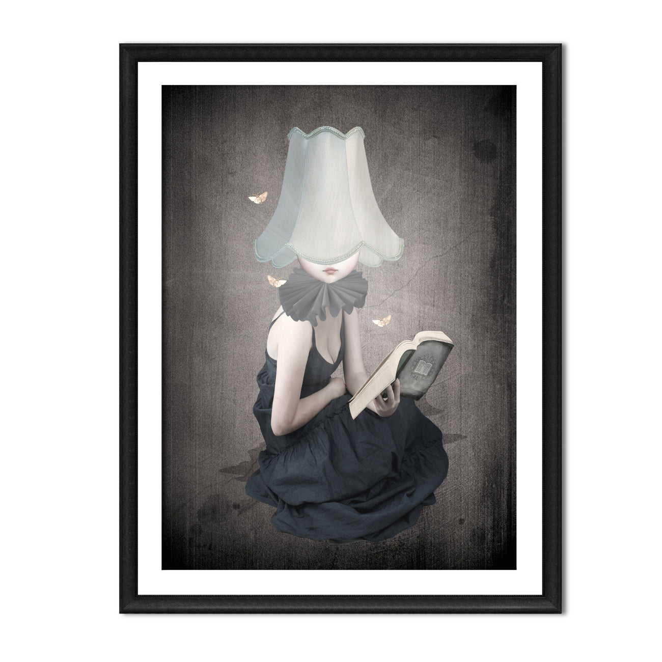Surreal Fantasy Art Printin a frame. A girl, guided by the light of her lampshade, loses herself in the pages of a book. Surrounded by fluttering moths,