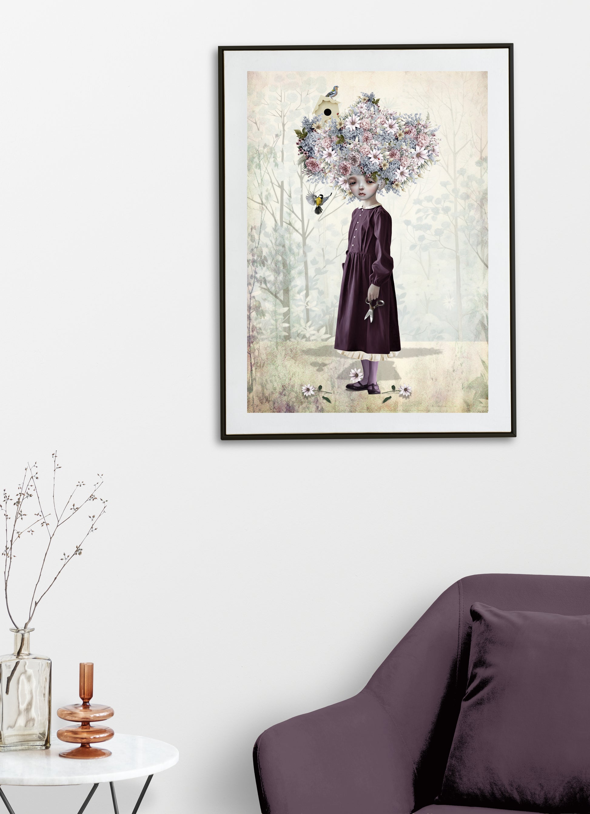 Surreal Flower Girl Art Print displayed on a living room wall. Featuring a girl with a unique hairstyle made of wild flowers