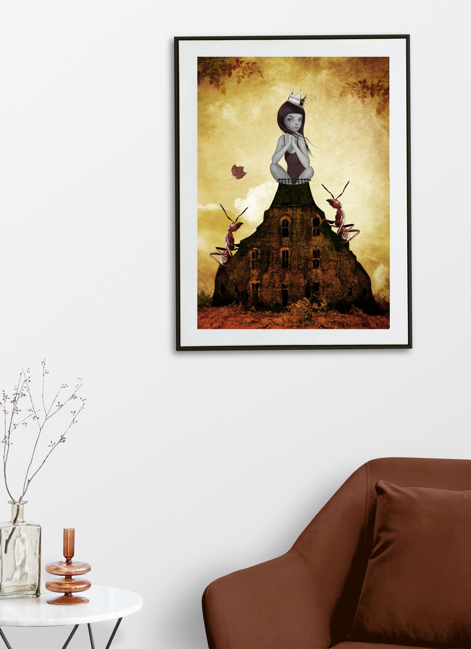 Girl and red ants art print hanging on the wall of a modern living room. Perfect for adding a surreal touch to quirky or alternative home decor.