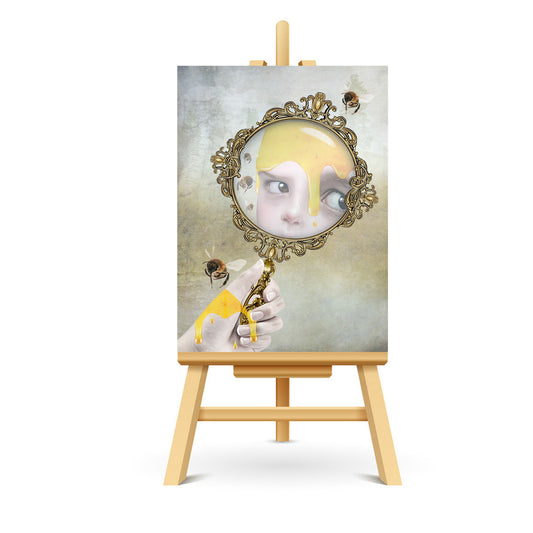 surreal ACEO artwork features a girl's reflection honey-covered in a hand mirror, surrounded by dancing honey bees.